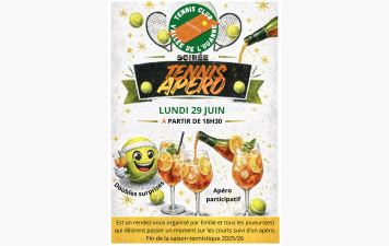 Emilie propose un " Tennis apéro participatif " le lundi 29 juin 2026 à partir de 18h30 pour clôturer la saison