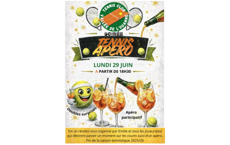 Emilie propose un " Tennis apéro participatif " le lundi 29 juin 2026 à partir de 18h30 pour clôturer la saison